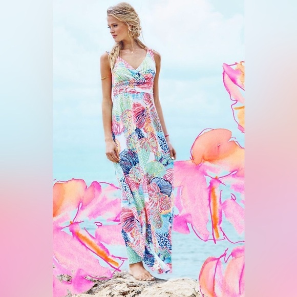 Lilly Pulitzer SLOANE MAXI DRESS Roar Of The Seas Multi Floral Coral Sz XS - Picture 1 of 6
